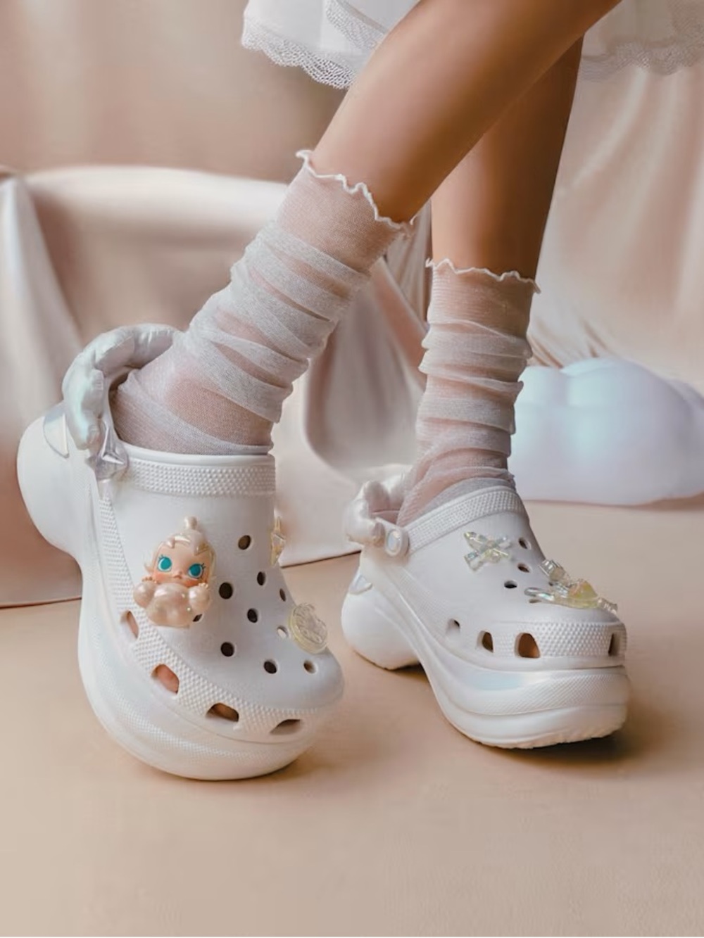 CROCS POPMART MOLLY White Plush-Lined Bae Clogs with Iridescent Charms